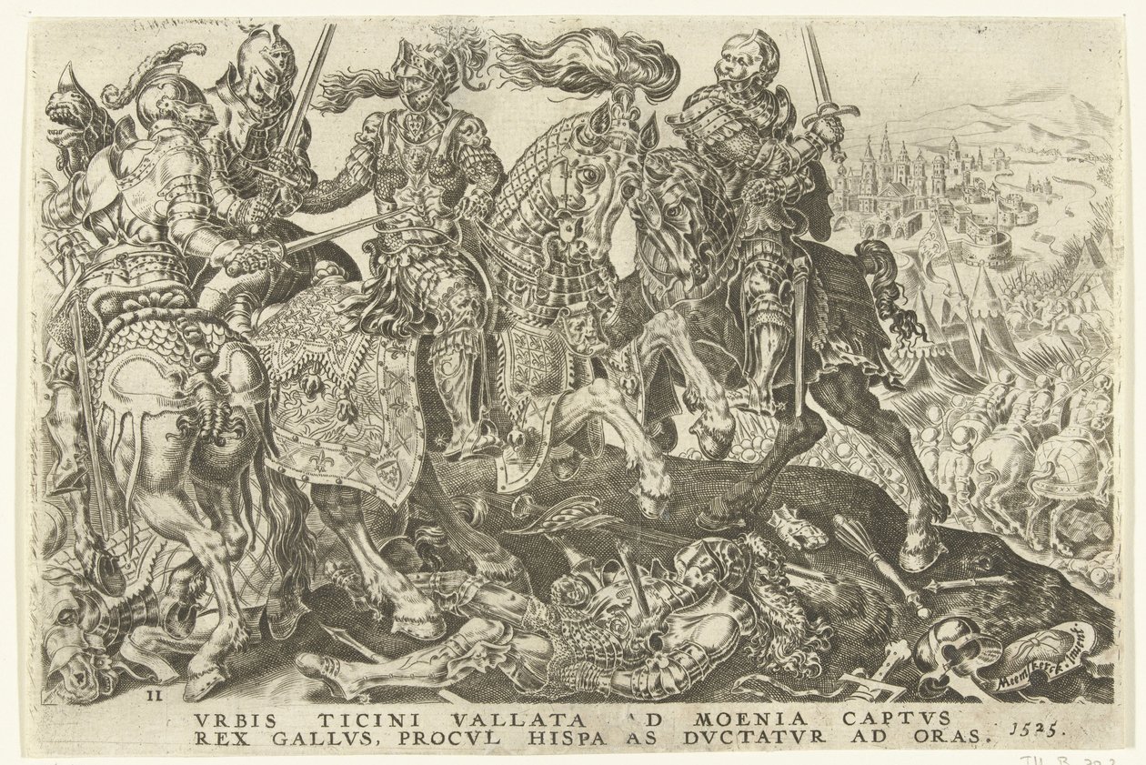 Zajetí Františka I. v bitvě u Pavie, 1525 Vítězství Karla V. (název série) Divi Caroli. v. imp. opt. max. victoriae, ex multis praecipuae (název série) od Dirck Volckertsz. Coornhert (possibly)