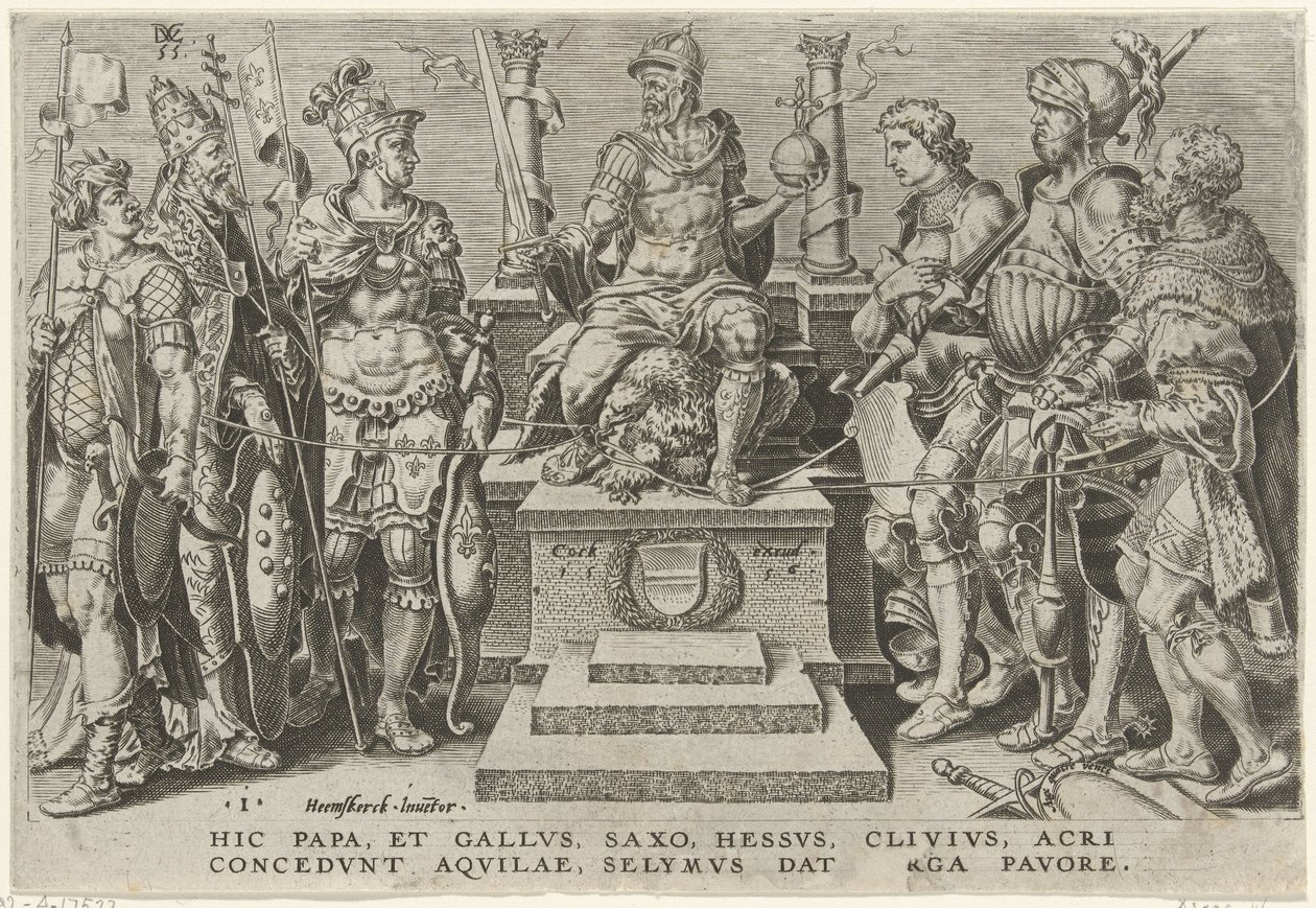 Císař Karel V. obklopený svými poraženými protivníky Vítězství Karla V. (název série) Divi Caroli. v. imp. opt. max. victoriae, ex multis praecipuae (název série) od Dirck Volckertsz. Coornhert