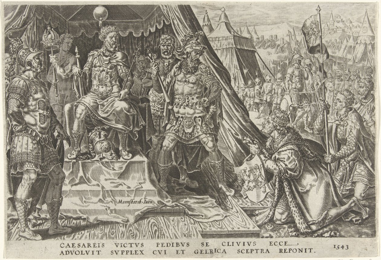 Vilém II., vévoda z Gelre, se podrobuje autoritě Karla V., 1543 Vítězství Karla V. (název série) Divi Caroli. v. imp. opt. max. victoriae, ex multis praecipuae (název série) od Dirck Volckertsz. Coornhert