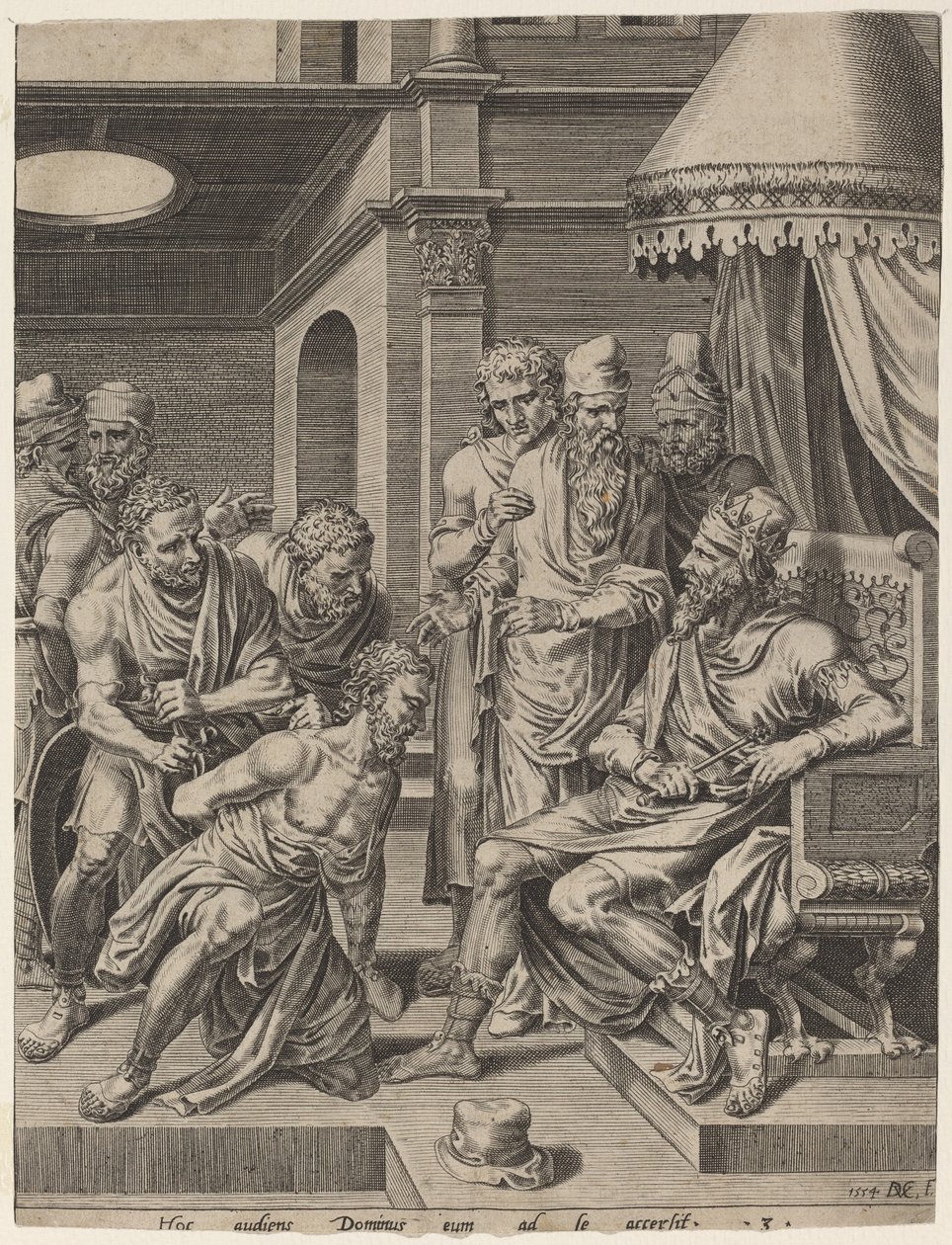 Nemilosrdný služebník předvedený před krále od Dirck Volckertz Coornhert, after Maerten van Heemskerck