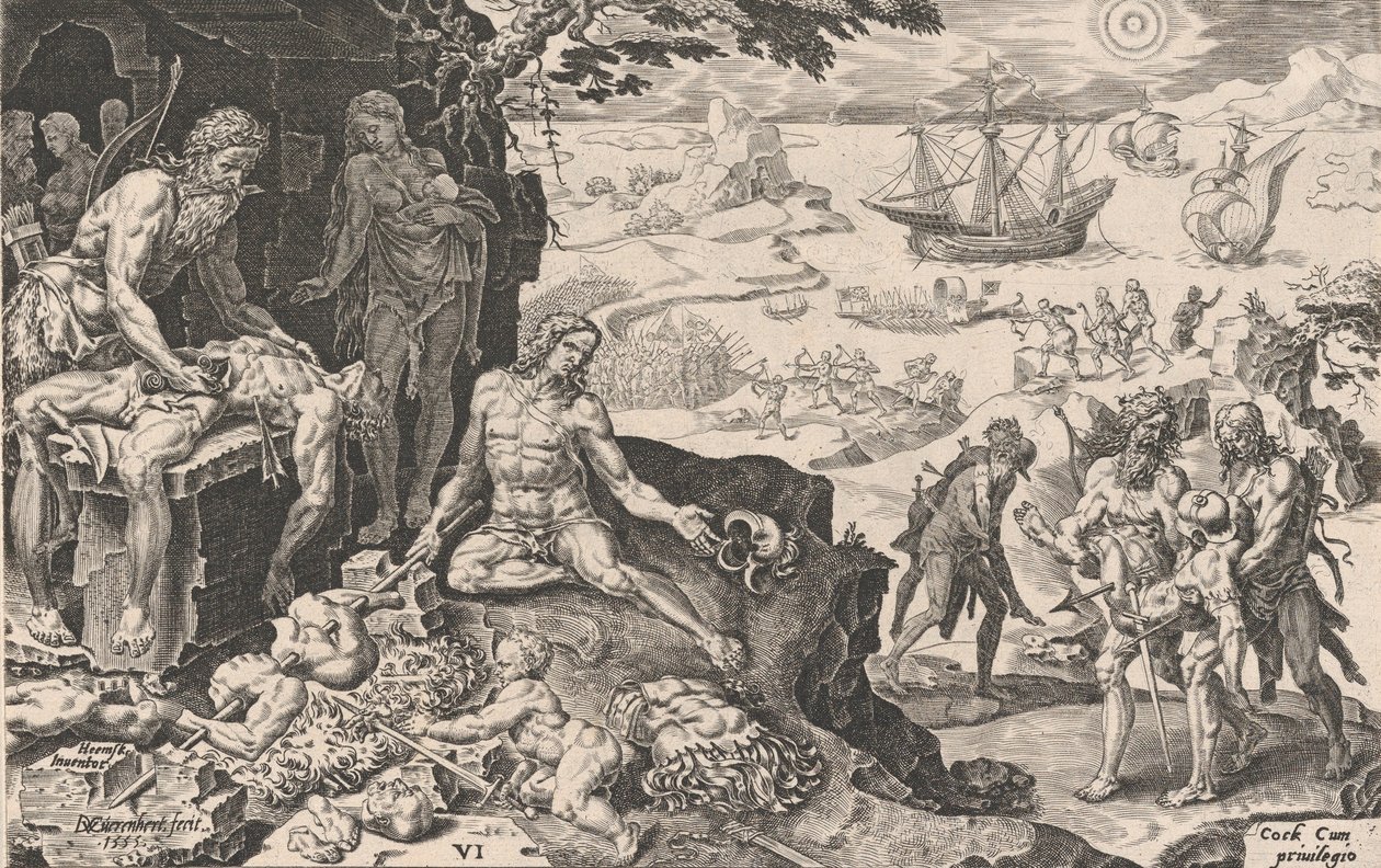 Císařská vojska přinášející civilizaci Indiánům, z Vítězství císaře Ch..., 1555. od Dirck Volkertsen Coornhert