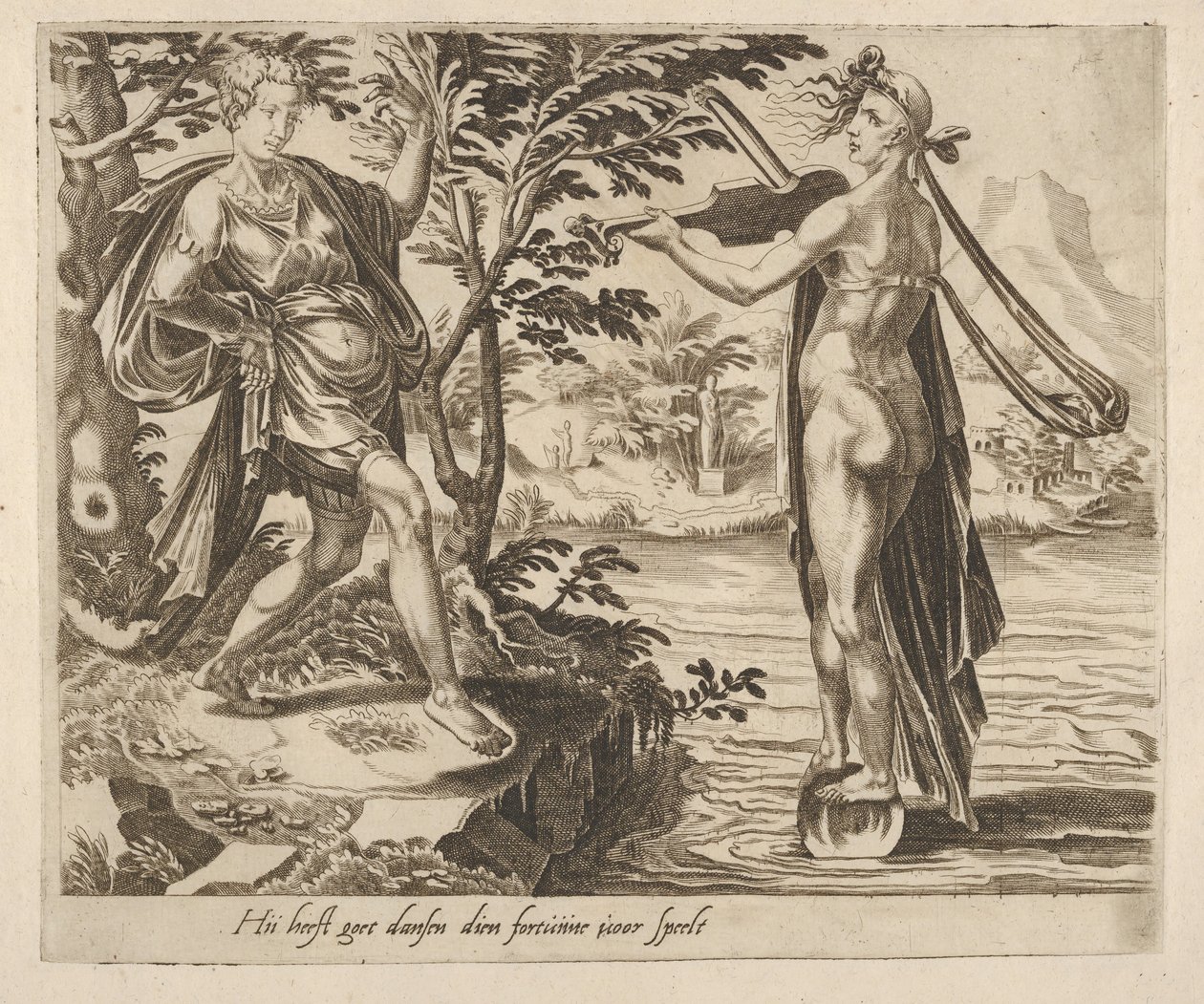 Ten, komu štěstěna hraje, bude vesele tančit z šesti výroků o štěstěně, ca. 1560. od Dirck Volkertsen Coornhert
