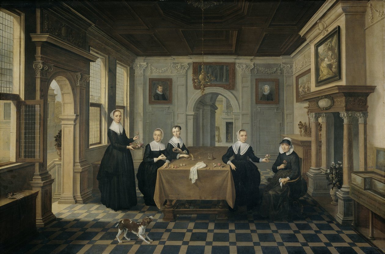 Pět dam v interiéru od Dirck van Delen (attributed to)