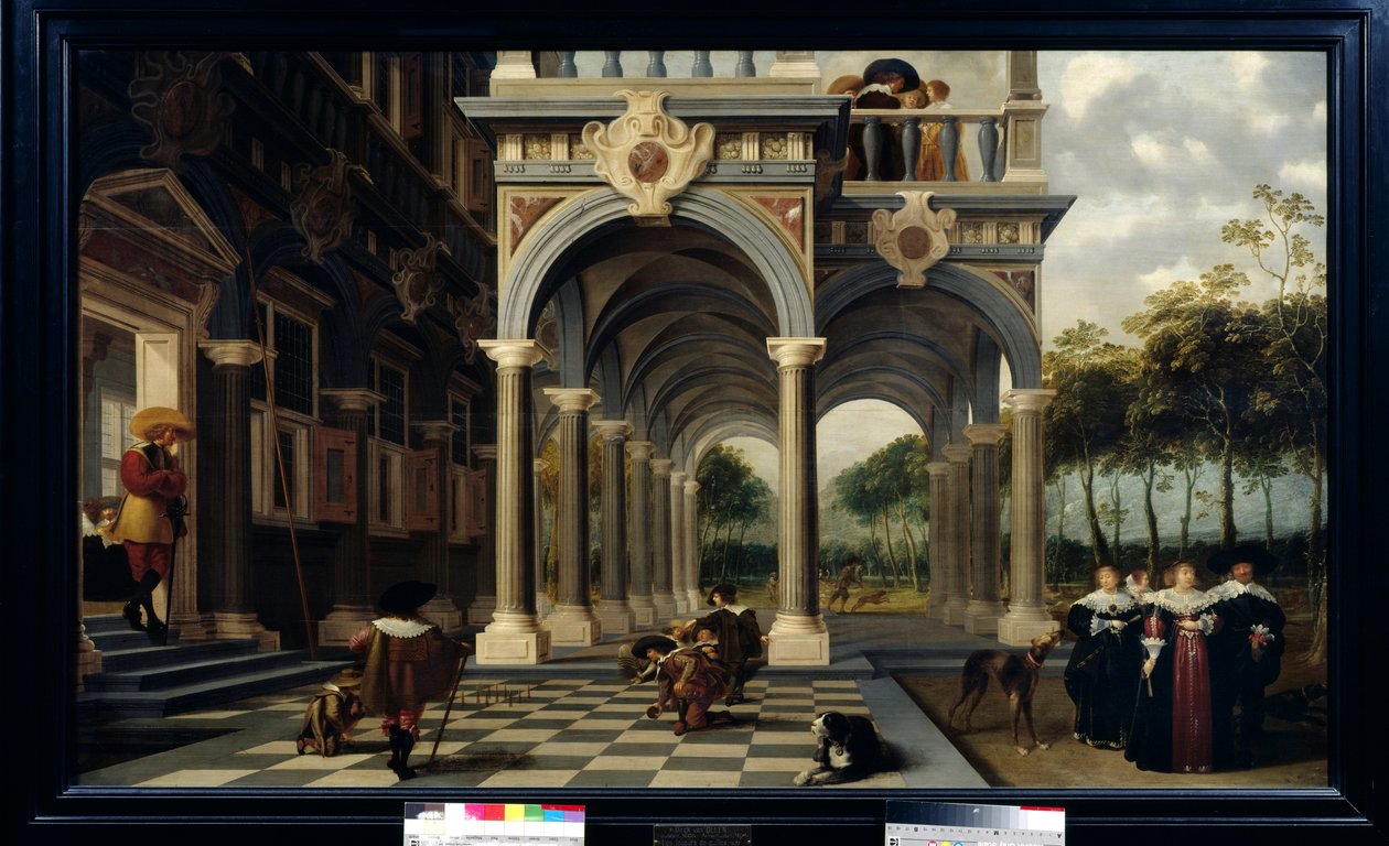 Hráči bowlingu Bowlingová hra na šachovnicové podlaze. Obraz od Dirka Van Delena (1605-1671) od Dirck van Delen
