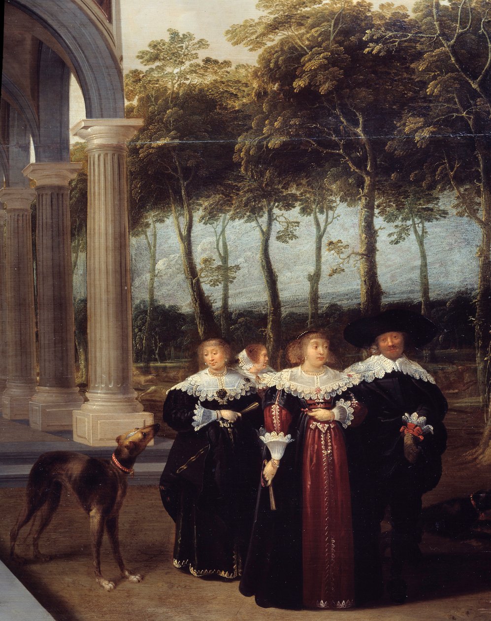 Pár kráčí Detail obrazu „Hráči bowlingu““ Malba Dircka Van Delena (1605-1671 od Dirck van Delen