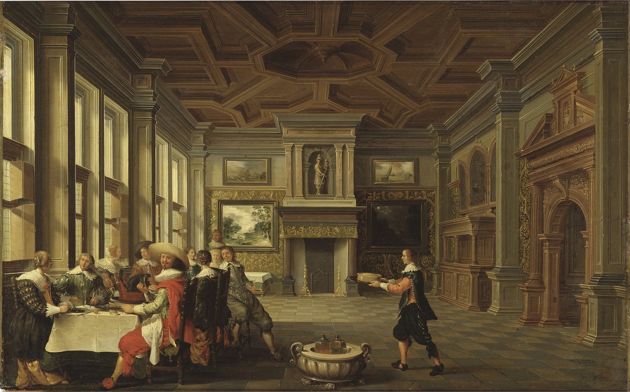 Diner distingue dans un interieur - Distinguished Dinner Company in an Interior, od Delen, Dirck van (c. 1605-1671). Olej na plátně od Dirck van Delen