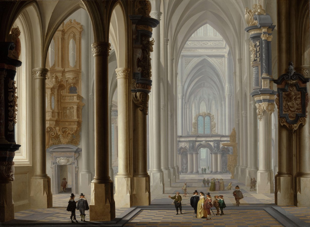 Interiér gotického kostela od Dirck van Delen