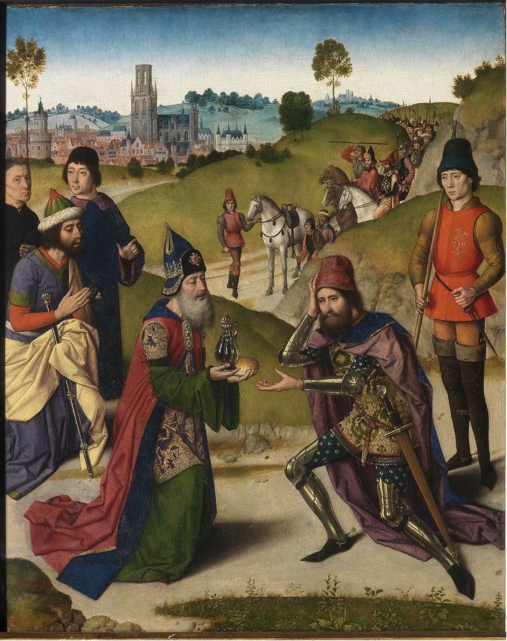 Oltářní obraz Poslední večeře: Setkání Abrahama a Melchisedeka levé křídlo, 1464-1468 od Dirk Bouts