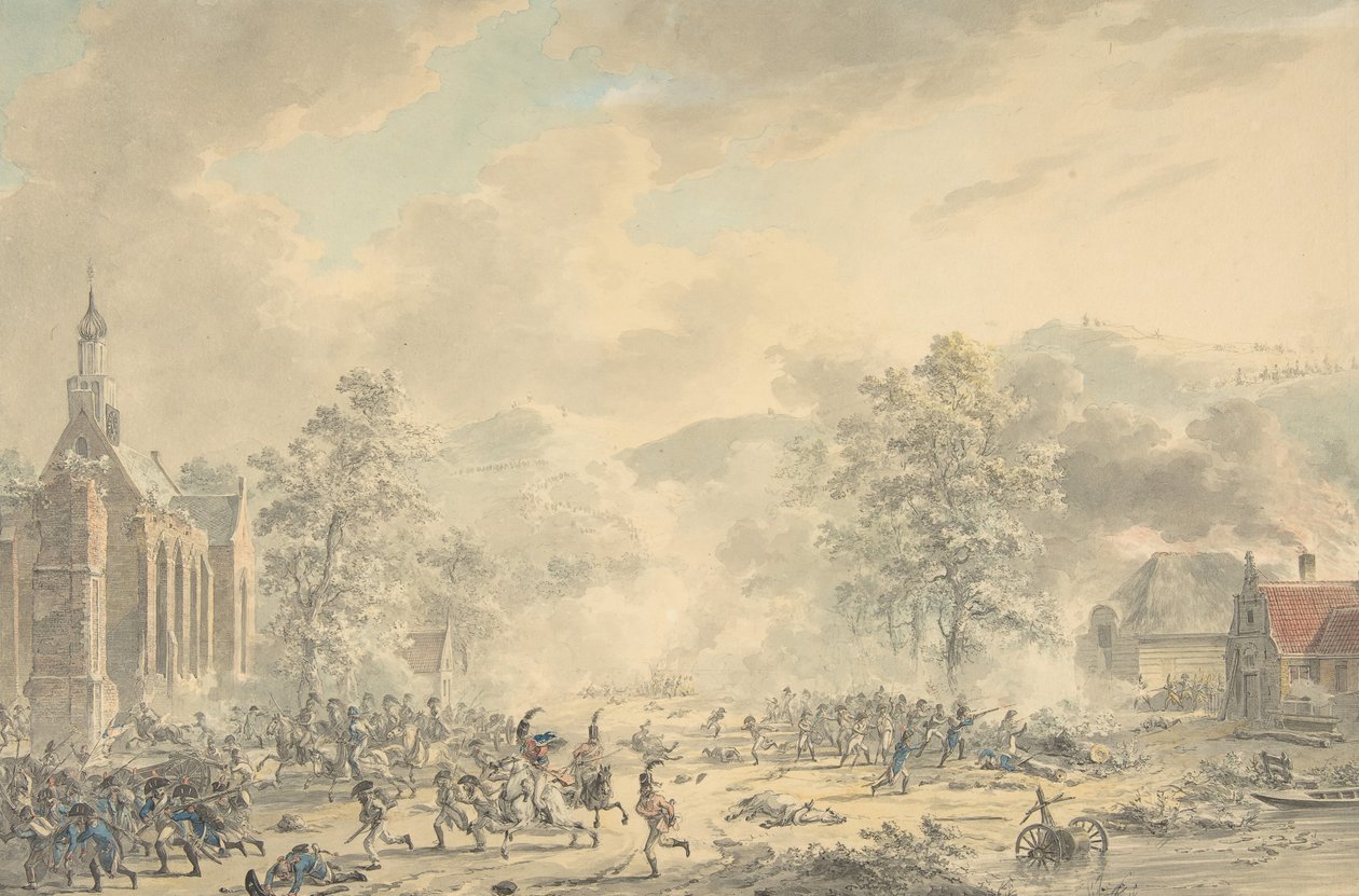 Bitevní scéna s kostelem vlevo, ca. 1790-1800. od Dirk Langendijk