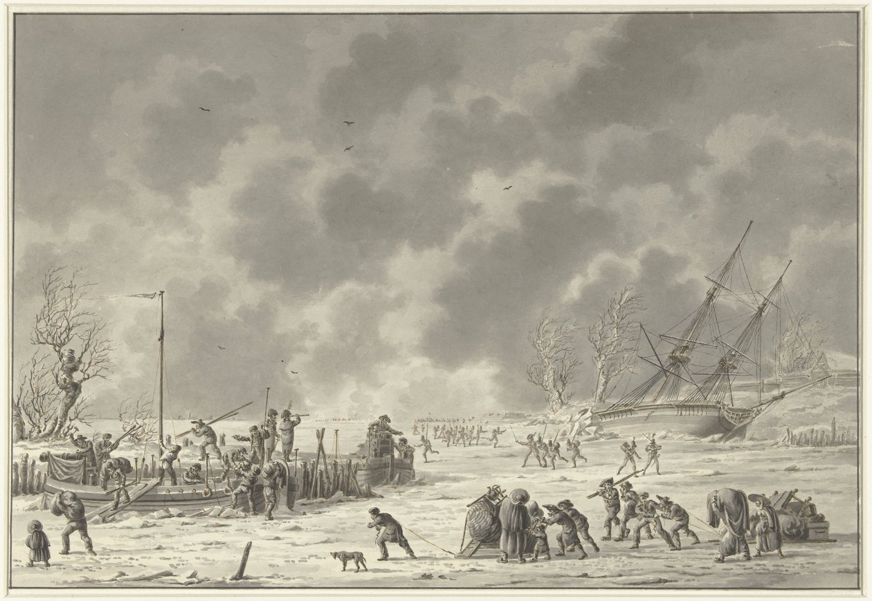 Lety Landzaten u Texelu, leden 1795 Odcházení Canonier Booten a Vlugt z Landzaaten v měsíci prosinci 1794 (název na předmětu) od Dirk Langendijk