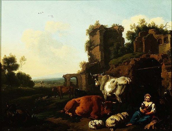 Krajina s pastýřkou, cca 1670 (olej na panelu) od Dirk van Berghen