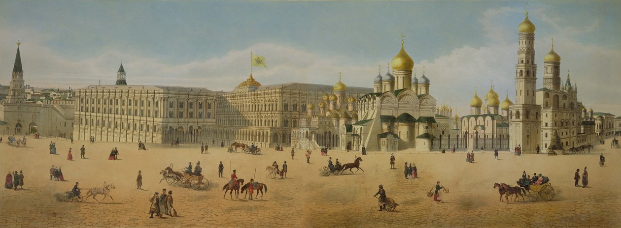 Velký kremelský palác a katedrály Zvěstování a Archanděla, z panoramatu Moskvy, vyryl Philippe Benoist (1813-c.1905) a Aubrun, hospoda. od Lemerciera, kolem roku 1840 (litho od Dmitri Indieitzeff