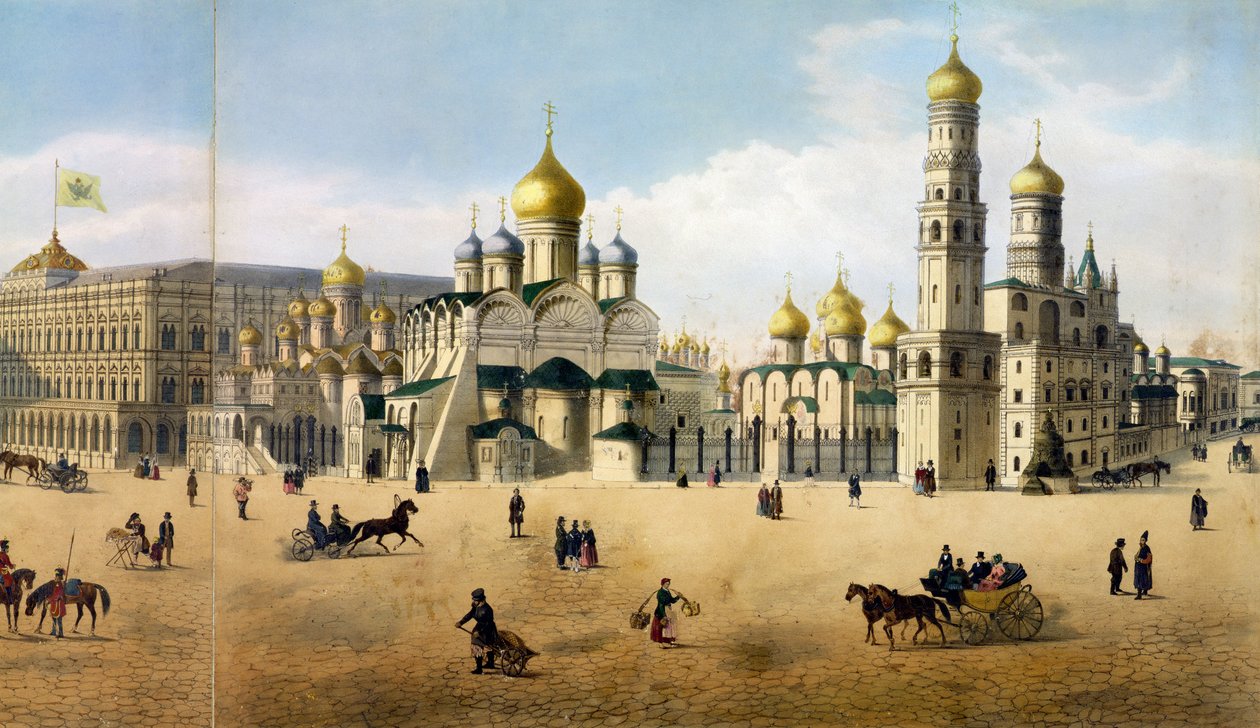 Katedrály Zvěstování Panny Marie a Archanděla, z panoramatu Moskvy, vyryl Philippe Benoist 1813-c.1905 a Aubrun, hospoda. od Lemercier litho detail z 105099 od Dmitri Indieitzeff