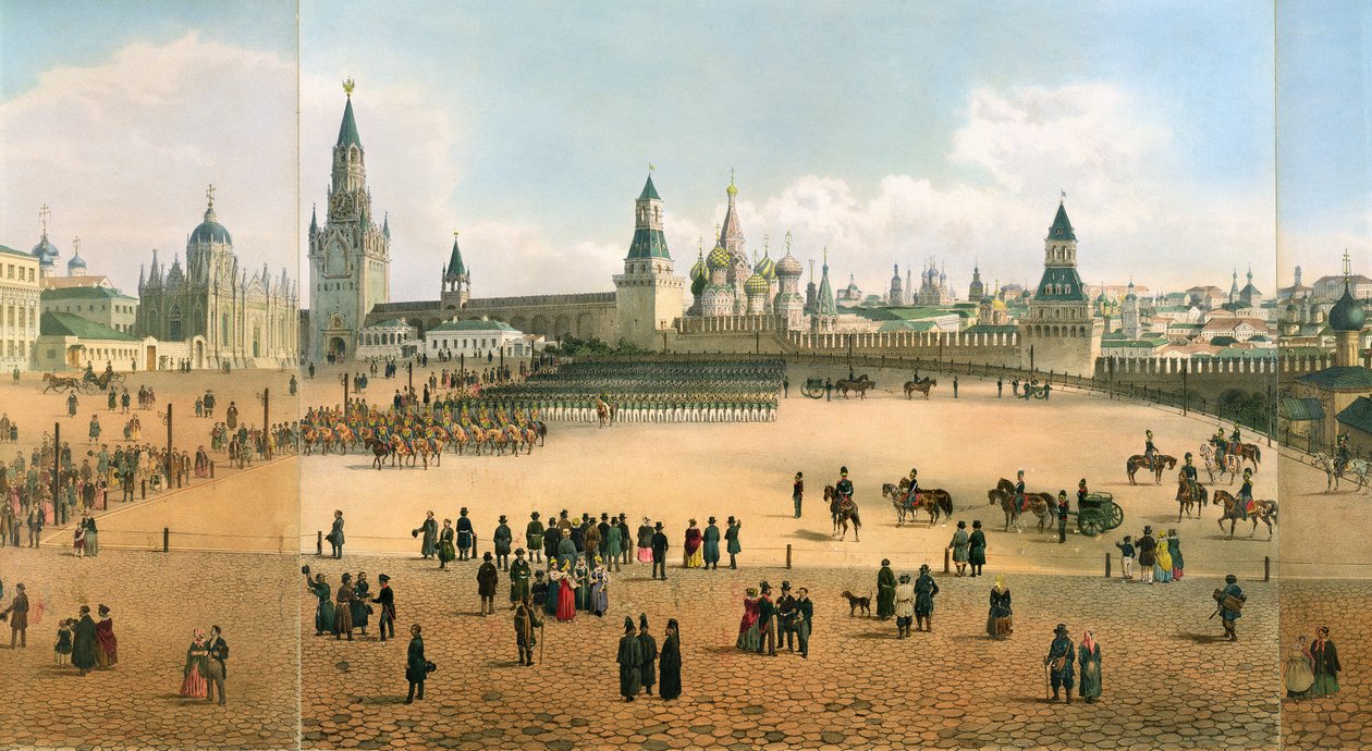 Katedrála St. Basils při pohledu z Kremlu, z panoramatu Moskvy, vyryla Philippe Benoist 1813-c.1905 a Aubrun, hospoda. od Lemercier, c.1840 litho detail 105095 od Dmitri Indieitzeff