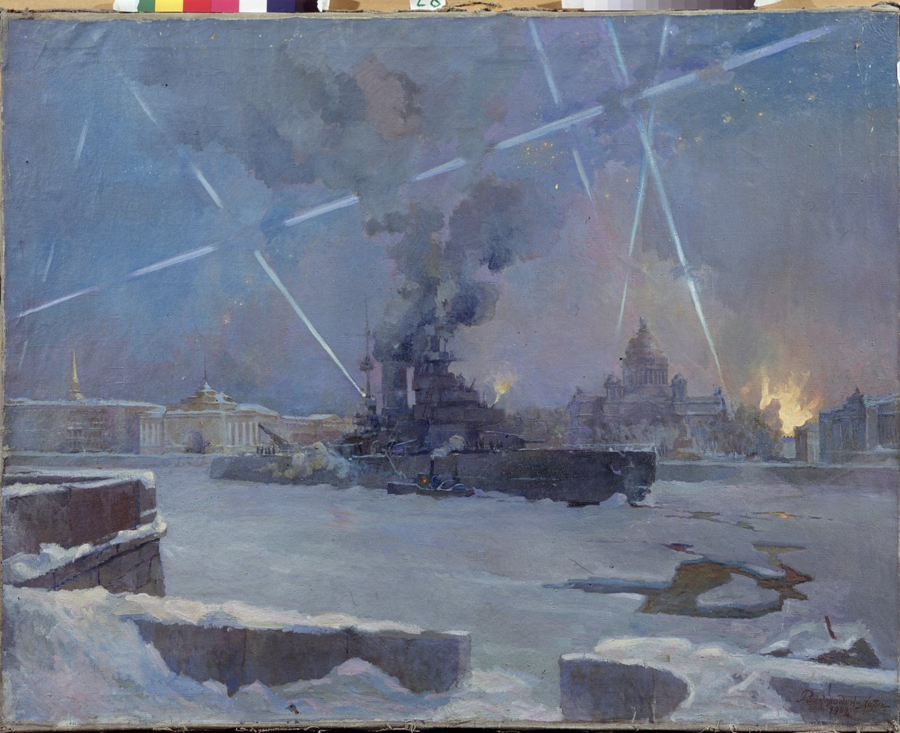 Těžké dělostřelectvo na Něvě v Leningradu (Saint Petersburg, Rusko) v roce 1942. (Kyrys na zamrzlé řece brání hořící město před leteckými útoky během obléhání Leningradu). Epizoda druhé světové války (1939-1945). Malíř od Dmitri Nikiforovich Martynov