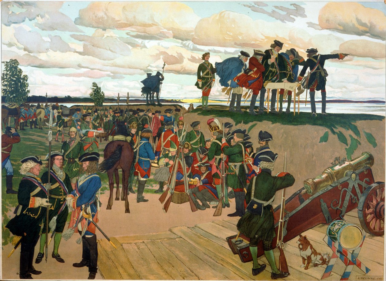 Založení petrohradské pevnosti Petrem I. Velikým (1672-1725) v 18. století. (Založení pevnosti St Petersburg). Dílo Dmitrije Nikolajeviče Kardovského (Kardovského) (1866-1943), litografie od Dmitri Nikolayevich Kardovsky