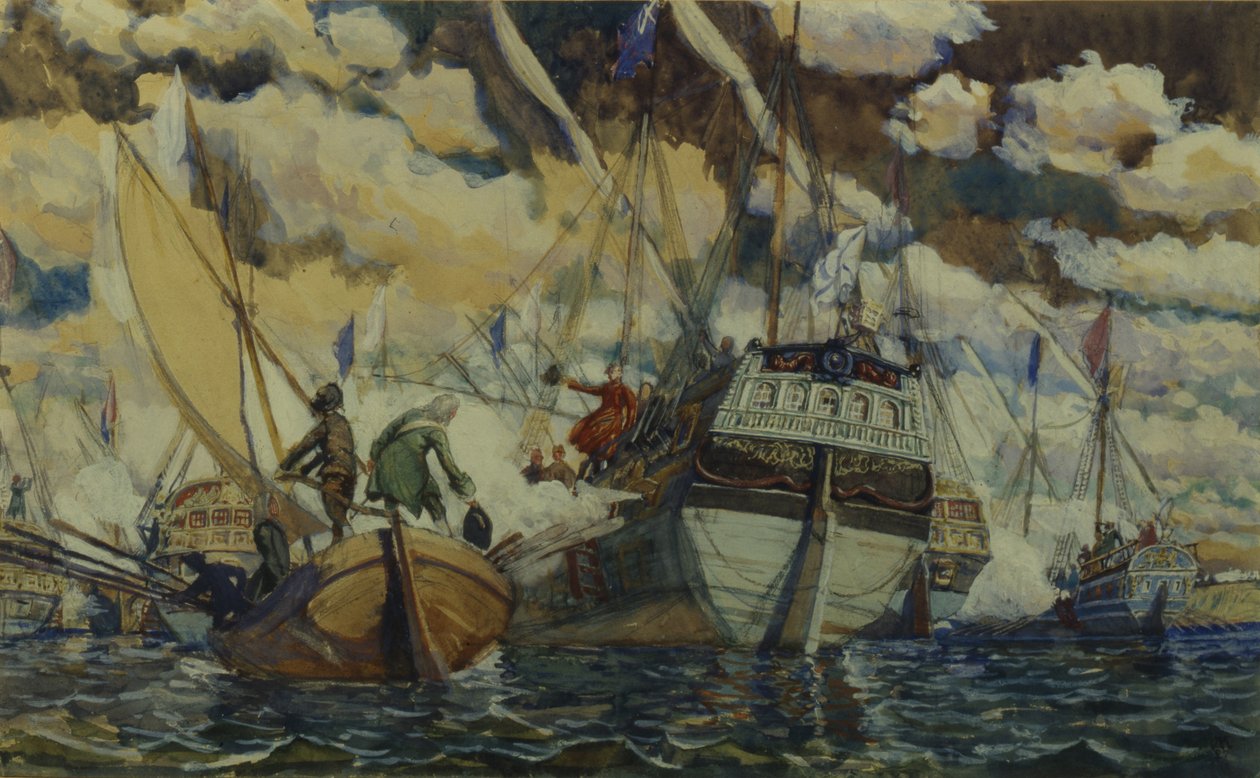 Petr I. a Lefort. Flotila Petra I. na jezeře Pleščejevo, 1927 od Dmitri Nikolayevich Kardovsky