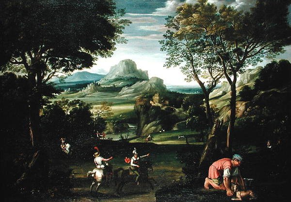 Krajina s čluny nebo Krajina s loveckou scénou (olej na plátně) od Domenichino