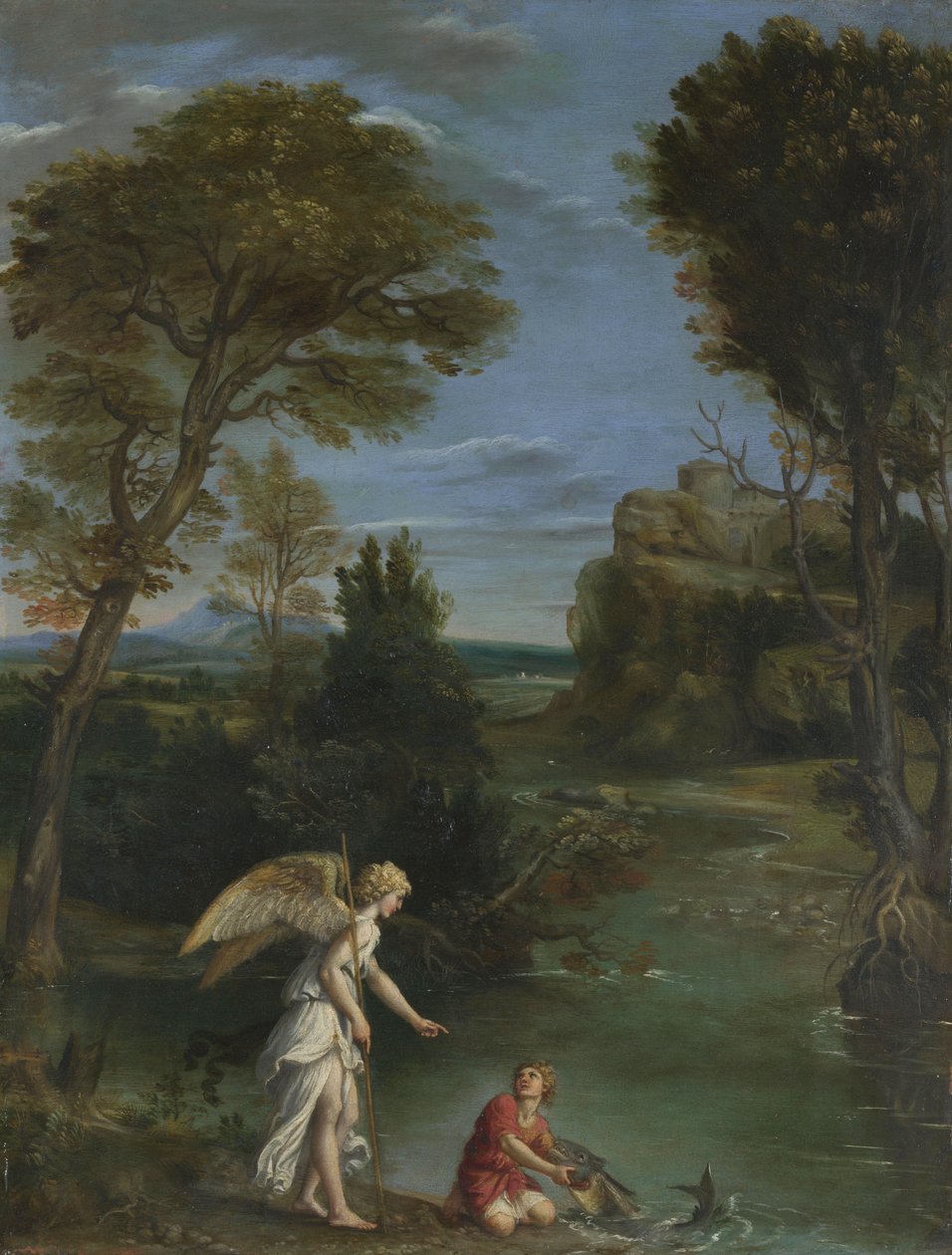 Krajina s Tobiášem, který drží rybu, kolem 1615 (olej na mědi) od Domenichino