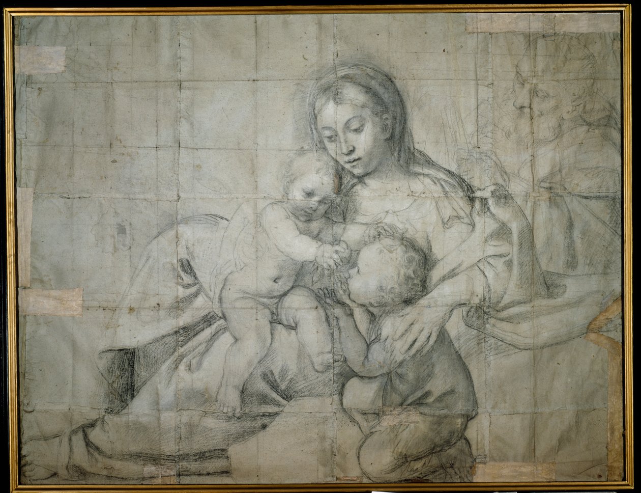 Svatá rodina na odpočinku s dítětem sv. Jana Křtitele (černá křída na papíře) od Domenichino