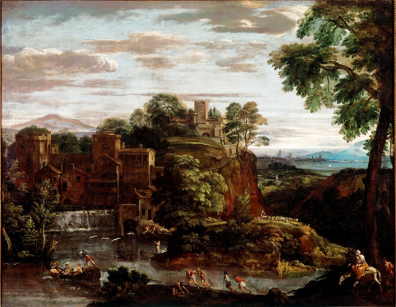 Krajina s letem v Egyptě Malba Domenica Zampieriho dit Il Domenichino (1581-1641) 1620 cca. Slunce. 165x202 cm Paříž, Musee du Louvre - Krajina s útěkem do Egypta, od Domenica Zampieriho a.k.a Il Domenichino (1581-1641). Olej na plátně od Domenichino