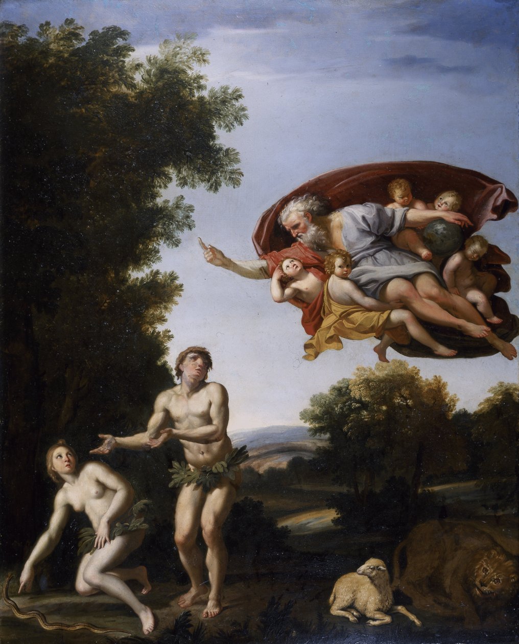 Vyhnání Adama a Evy (olej na plátně) od Domenichino
