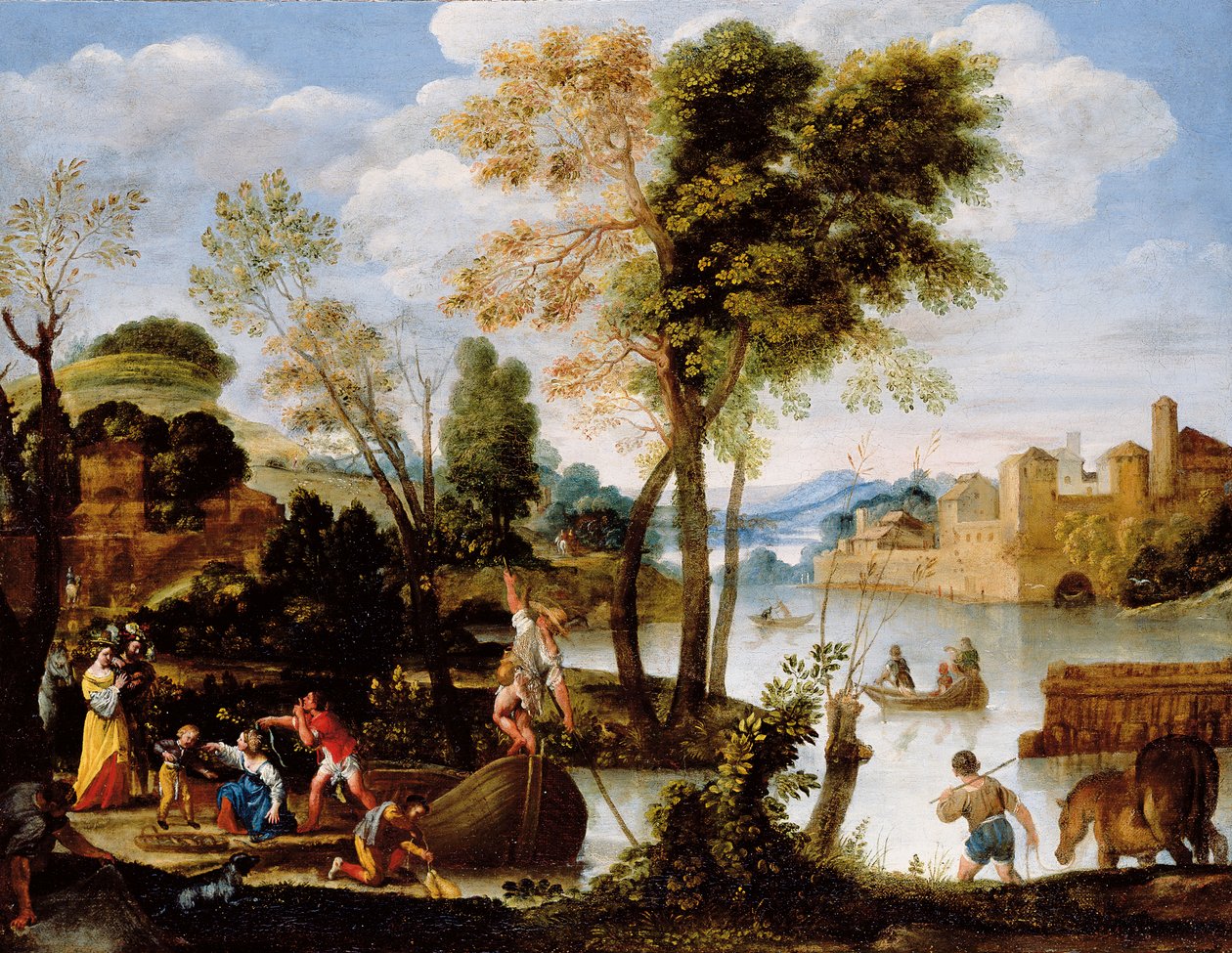 Italská říční krajina s polingovým lodníkem a ženou s košíkem krabů, cca 1604-05 od Domenichino