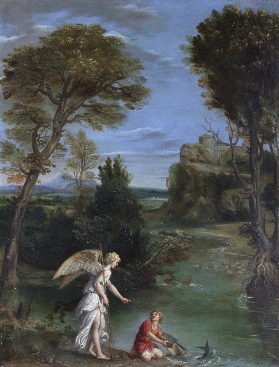 Krajina s Tobiášem, který drží rybu od Domenichino