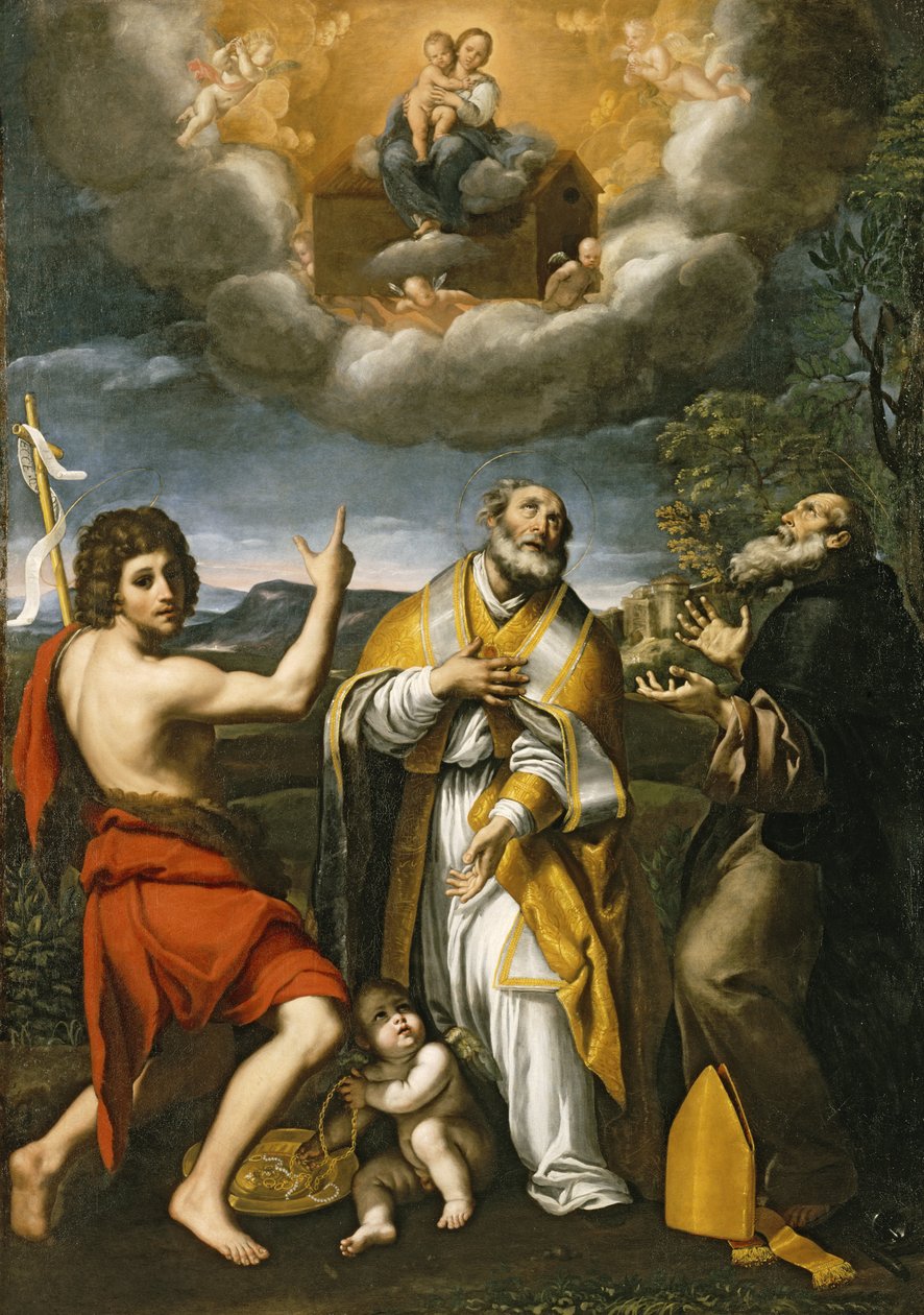 Loretánská Madona se zjevuje sv. Janu Křtiteli, sv. Eligiusovi a sv. Antonínu opatovi, kolem 1618-1620 od Domenichino