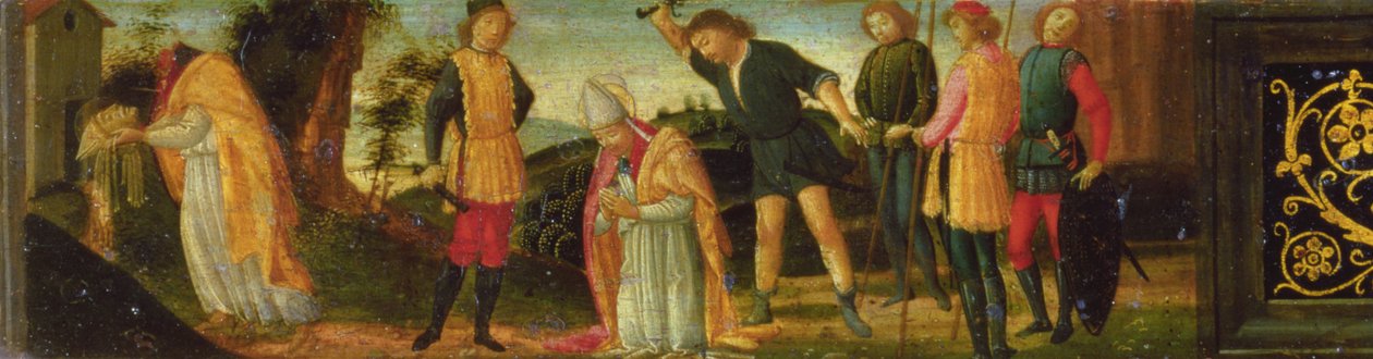 Umučení svatého Denise (Dionýsa) Pařížského, část desky predely s výjevy ze života svatých z oltářního obrazu Madona s dítětem ověnčená svatými (deska) od Domenico Ghirlandaio