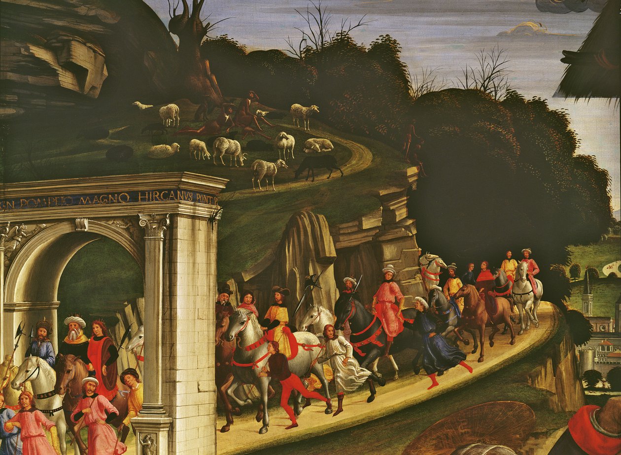 Klanění pastýřů, detail znázorňující procesí tří králů, 1485 (detail 85101) od Domenico Ghirlandaio