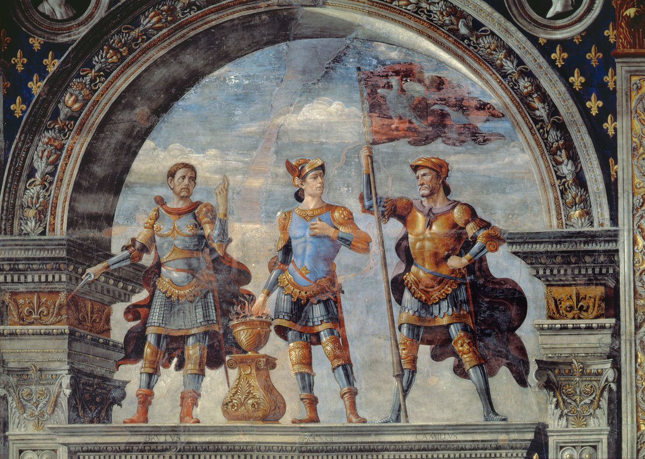 Brutus, Mucius Scaevola a Furio Camillo, detail z fresky v Sala dei Gigli, kolem roku 1470 od Domenico Ghirlandaio