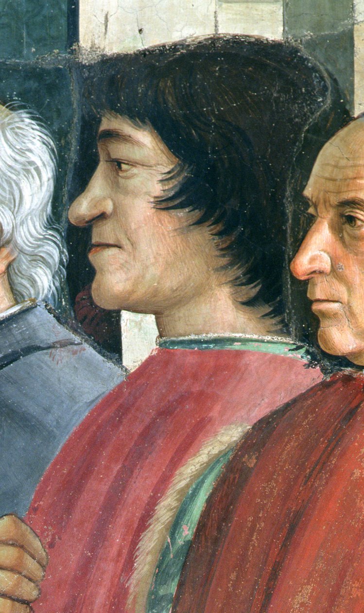 Lorenzo Medici, Detail sv. Františka přebírajícího řeholi od papeže Honoria, scéna z cyklu Život sv. Františka z Assisi, 1486 (detail 176888) od Domenico Ghirlandaio