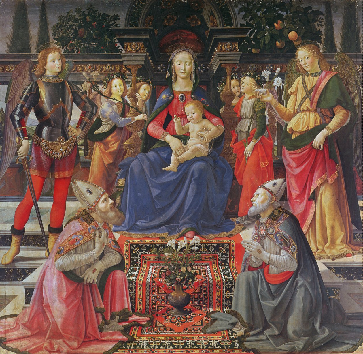 Madonna a dítě s SS. Justus, Zenobius a archandělé Michael a Raphael, kolem 1484 (tempera na panelu) od Domenico Ghirlandaio