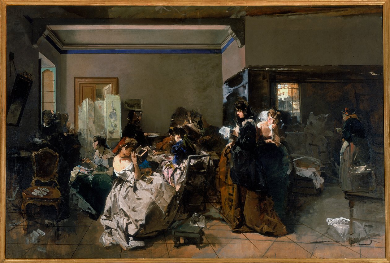 Obraz dílny, kde pracují mladí švadleni, 1858-60 od Domenico Induno