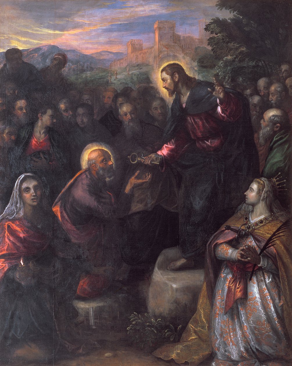 Kristus předává klíče svatému Petrovi se svatou Jacintou a svatou Justinou z Padovy od Domenico Robusti Tintoretto