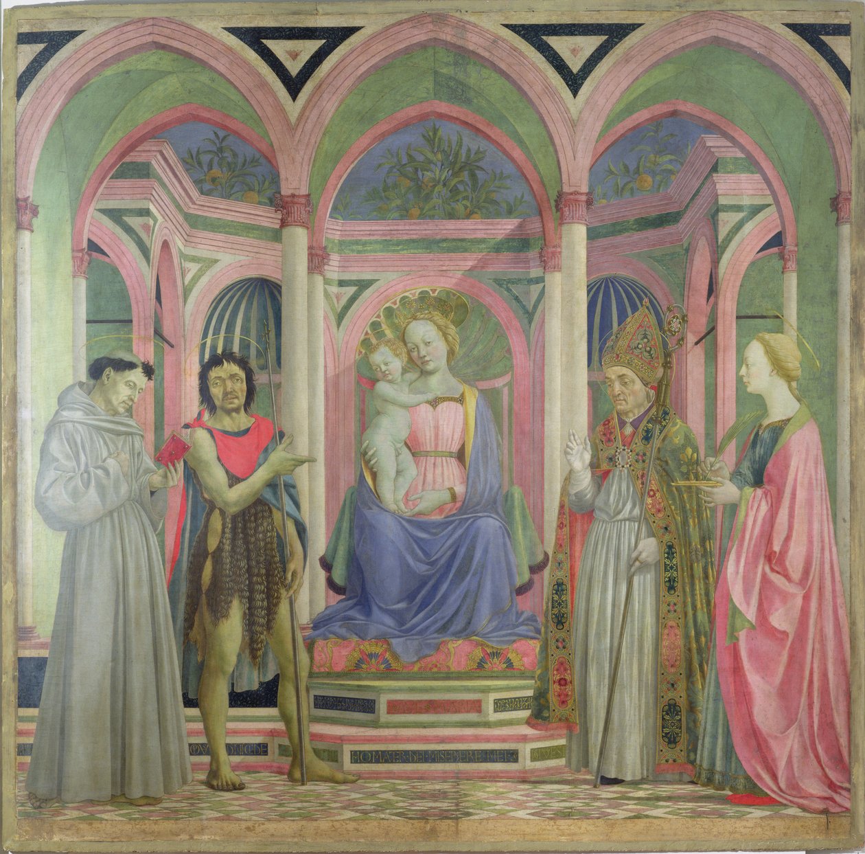 Panna s dítětem po stranách sv. Lucie, sv. Mikuláše, sv. Jana Křtitele a sv. Františka, kolem 1445-47 (tempera na panelu) od Domenico Veneziano