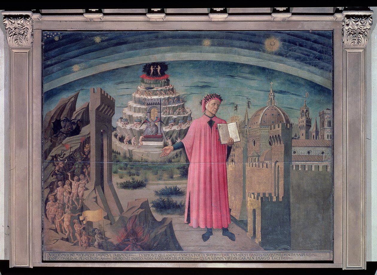Dante a jeho báseň „Božská komedie“, 1465 (tempera na panelu) od Domenico di Michelino