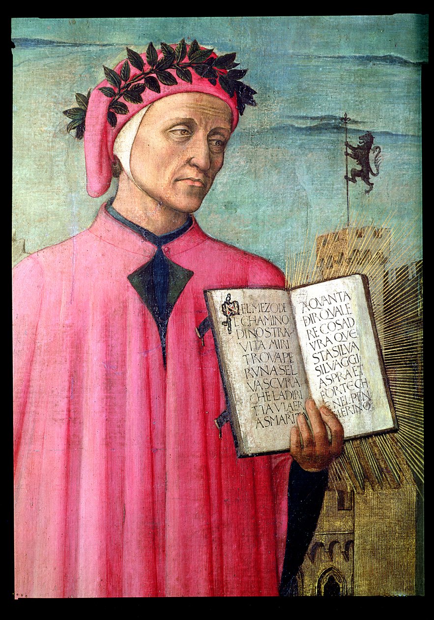 Danteovo čtení z Božské komedie, detail Dante Alighieriho 1265-1321, 1465 detail panelu 42355 od Domenico di Michelino