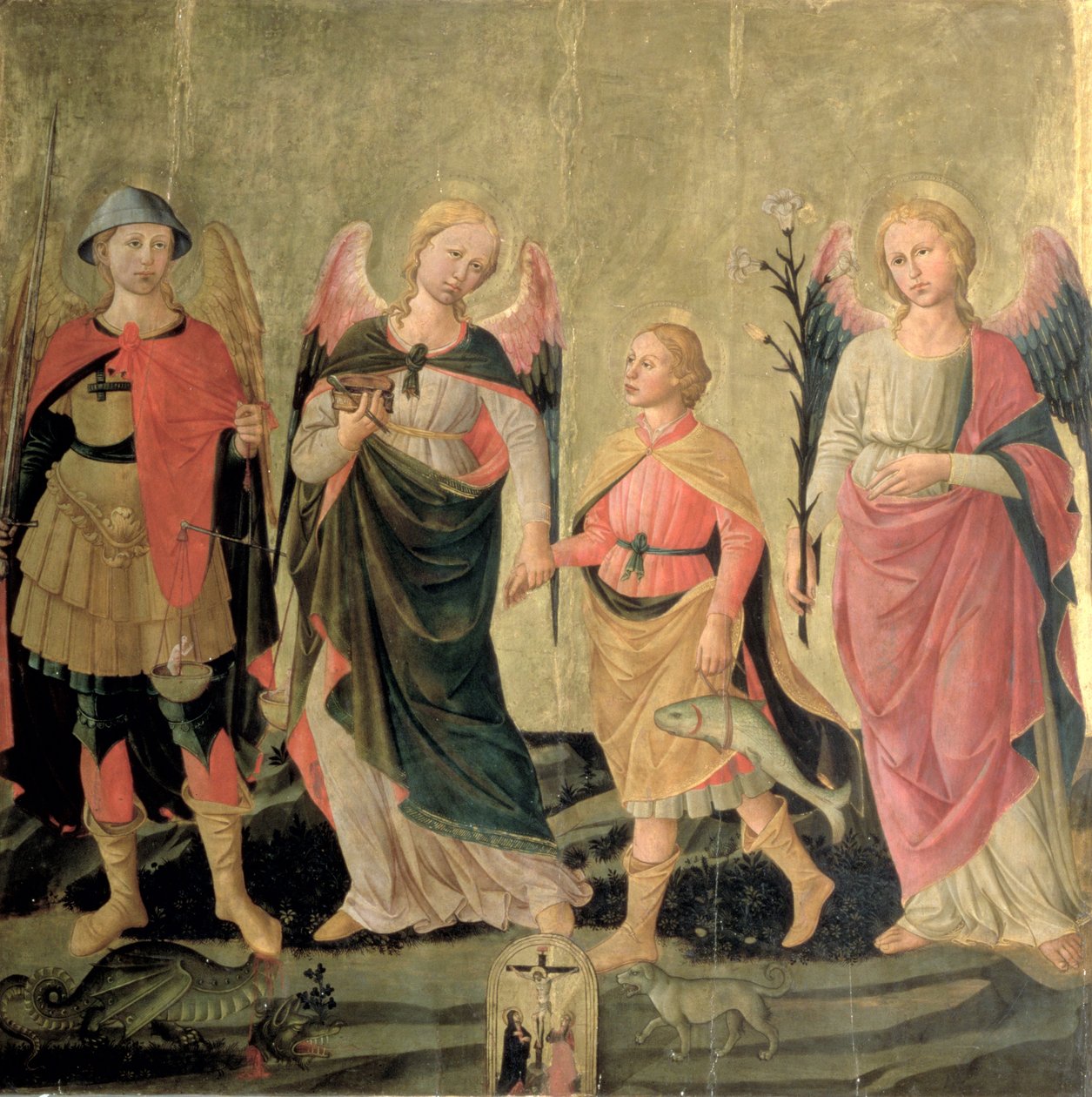 Tři archandělé a Tobiáš (tempera na panelu) od Domenico di Michelino