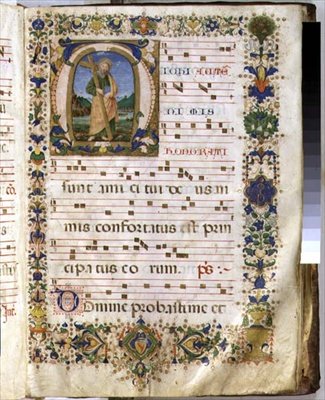 Strana Ms 540 f.3r s historickou iniciálou „M“ zobrazující svatého Ondřeje, ze sborové knihy ze San Marco e Cenacoli (vellum) od Domenico Ghirlandaio