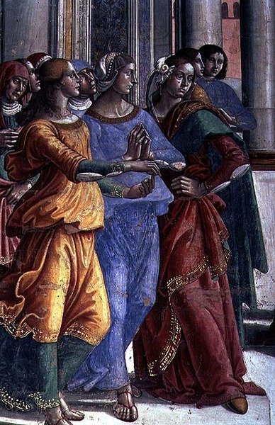 Diváci, od Panny Marie v chrámu (freska) (detail) od Domenico Ghirlandaio