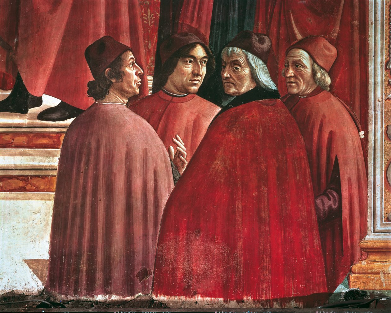 Příběhy Panny Marie: Zvěstování Zachariášovi, detail Cristofora Landina, Angela Poliziana a Marsilia Ficina, kolem 1485-90 (čerstvé) od Domenico Ghirlandaio