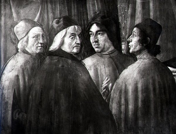 Zachariáš v chrámu, detail mužské skupiny od Domenico Ghirlandaio