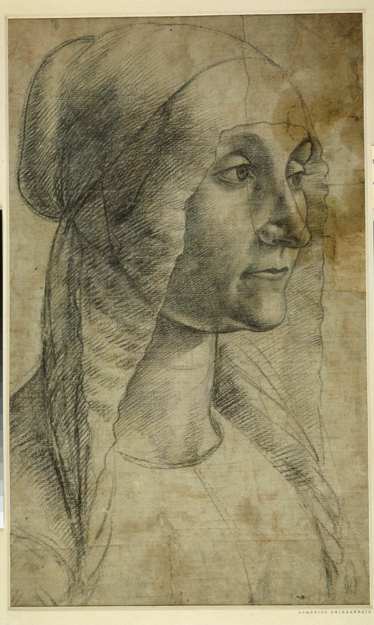 Hlava ženy nosící coif (černá křída na bílém papíře od Domenico Ghirlandaio