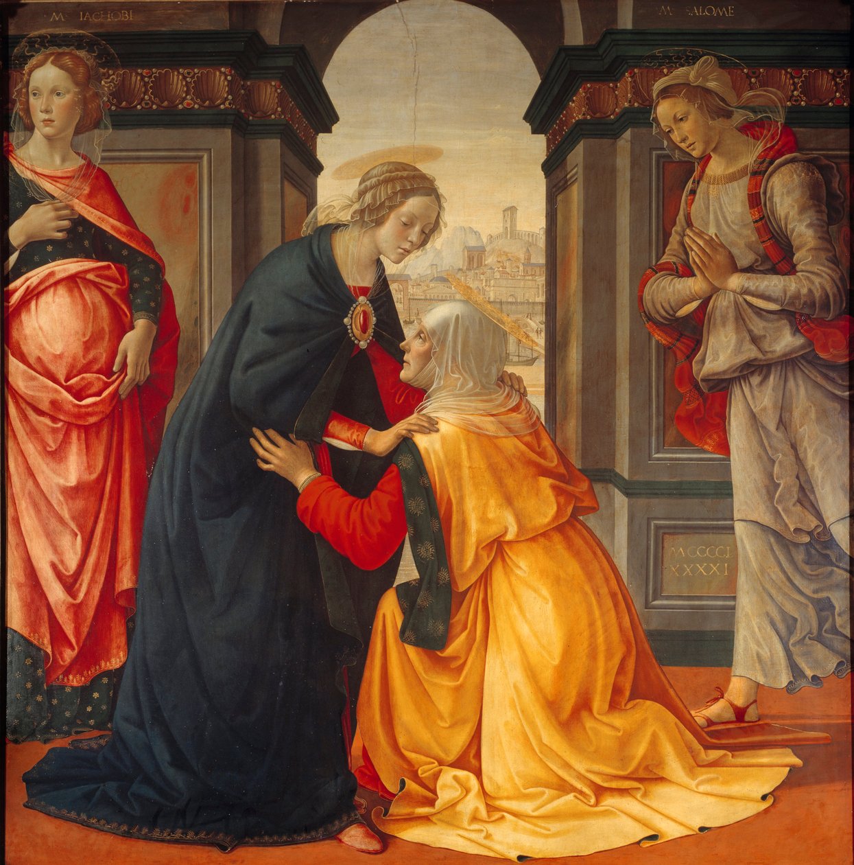 Navštívení: Panna Maria navštěvuje Elisabeth, mezi Marie Jacobie a Marie Salome, svědky ukřižování a zmrtvýchvstání, obraz Domenica Ghirlandaia (1449-1494) 1491 od Domenico Ghirlandaio