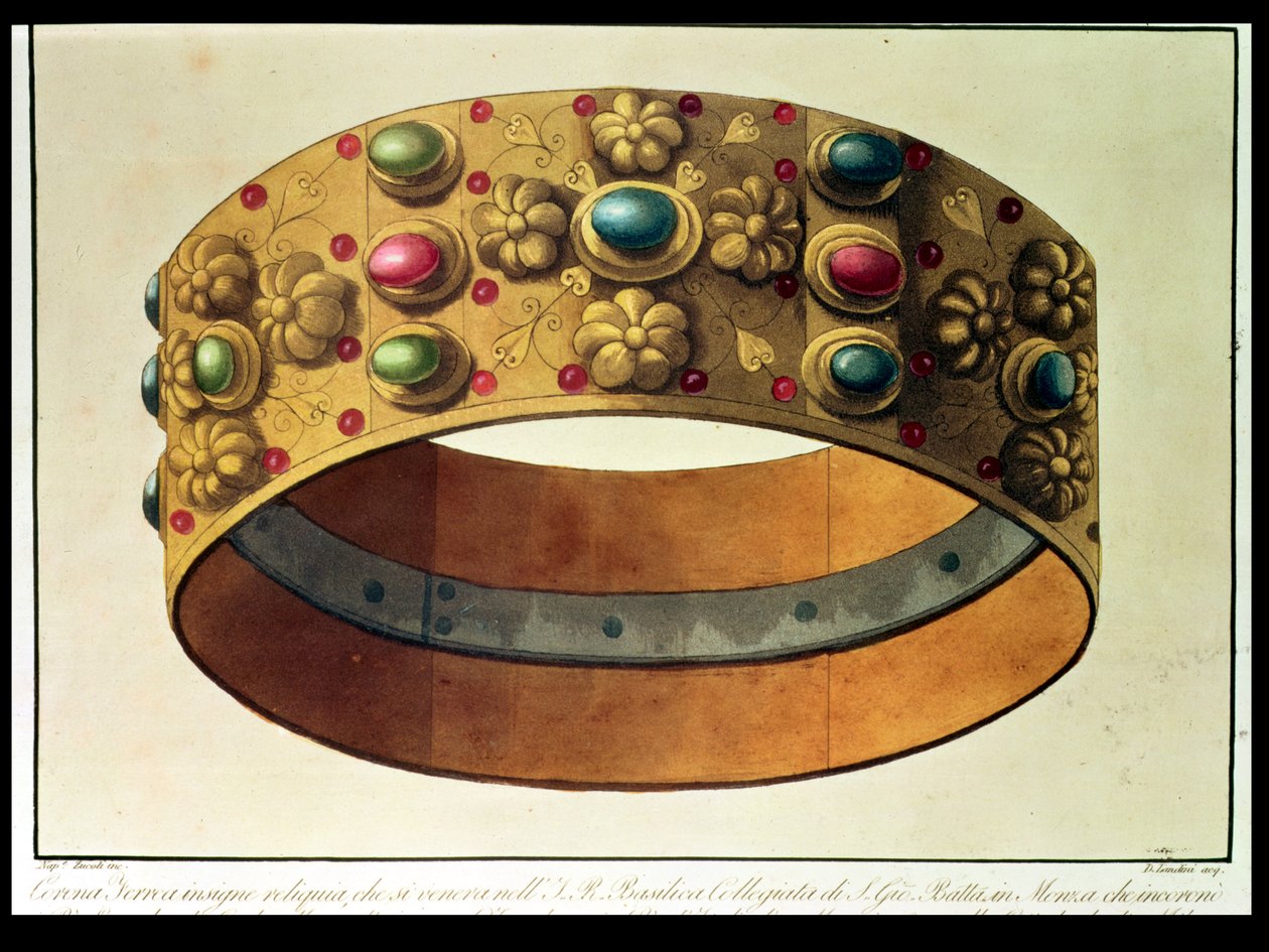 Železná lombardská koruna, kterou byl korunován Karel Veliký v roce 777 a Napoleon v roce 1805 v milánské katedrále, rytina D. Landiniho (akvatinta) od Domenico (after) Landini