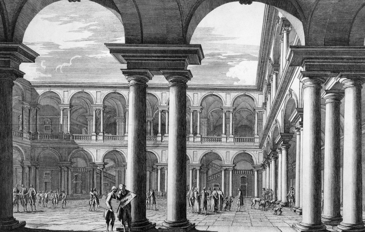 Nádvoří paláce Brera v Miláně, kde sídlí Akademie výtvarných umění a galerie umění, navrhl architekt Francesco Maria Richini (1584-1658), rytina Domenico Aspari (1745-1831), Itálie od Domenico Aspari