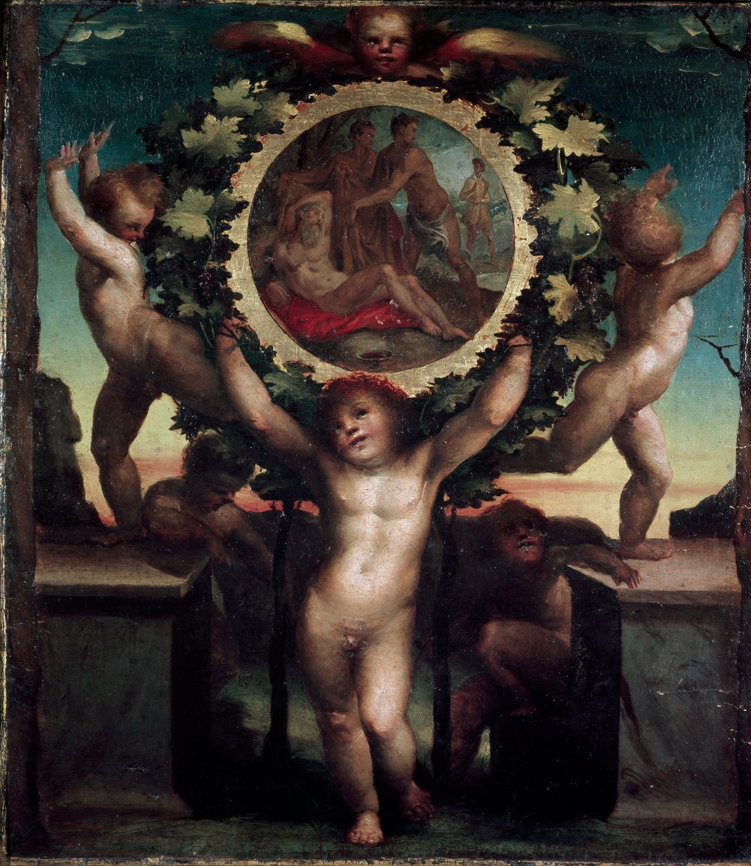 Andělé (Putti) s Noeovou opilostí. Obraz Domenica Beccafumiho (1486-1551) od Domenico Beccafumi