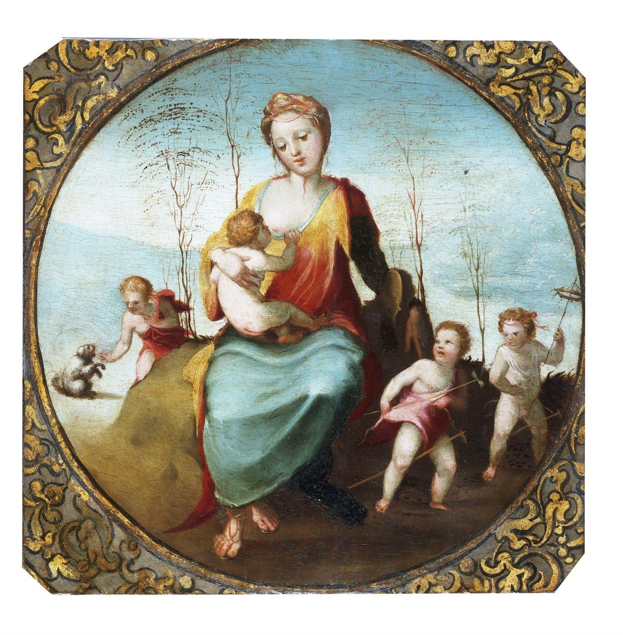 Beccafumi - Charita kojící dítě a obklopená třemi dětmi hrajícími si se psem a koňmi, asi 1525 od Domenico Beccafumi